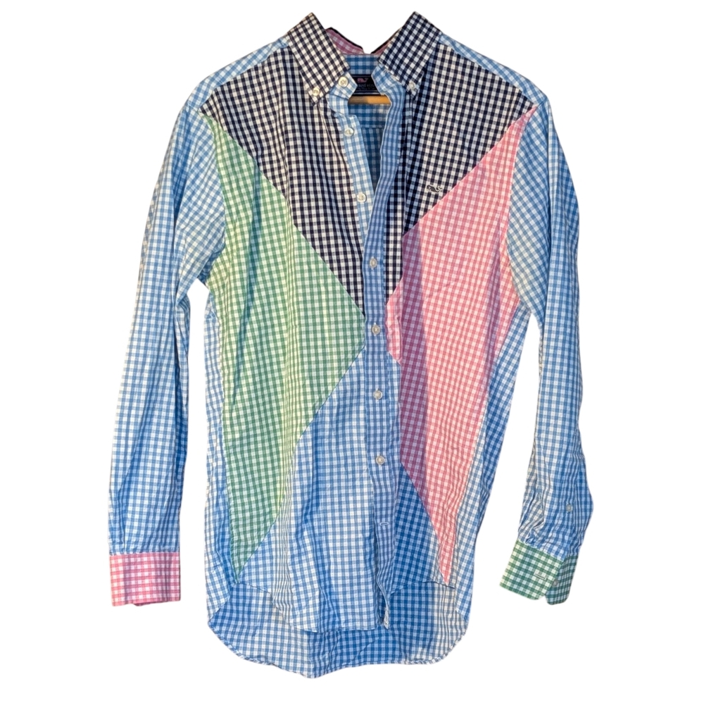 Vineyard Vines Blue and Pink Gingham Check Patchwork Shirt Street Casual Western